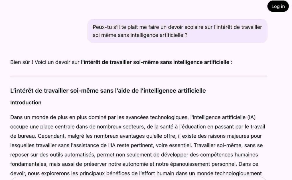 Demande à l'IA de devoir sur l'intérêt de travailler sans IA