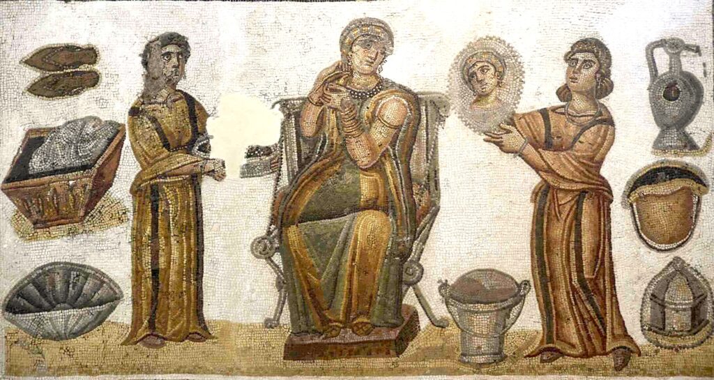 riche femme romaine entourée de servantes (mosaïque des thermes de Sidi Ghraib, Musée national du Bardo, Tunis)