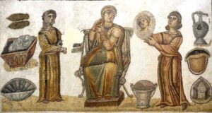 riche femme romaine entourée de servantes (mosaïque des thermes de Sidi Ghraib, Musée national du Bardo, Tunis)