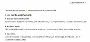 Réponse de ChatGPT à la question "Que penser de l'IA ?"
