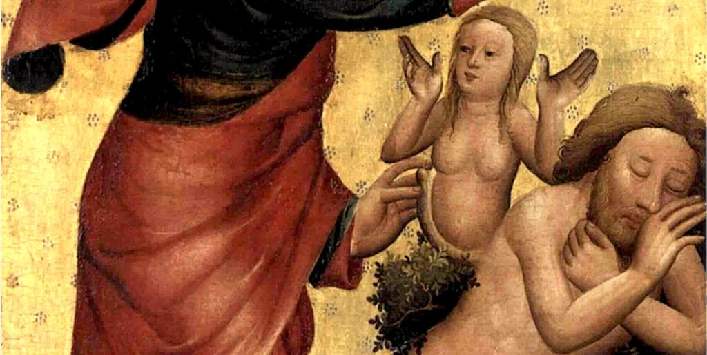 Détail de la Création d'Ève (Maître Beltram, retable de Saint-Pierre de Grabow, 1379-1383, Kunsthalle de Hambourg)