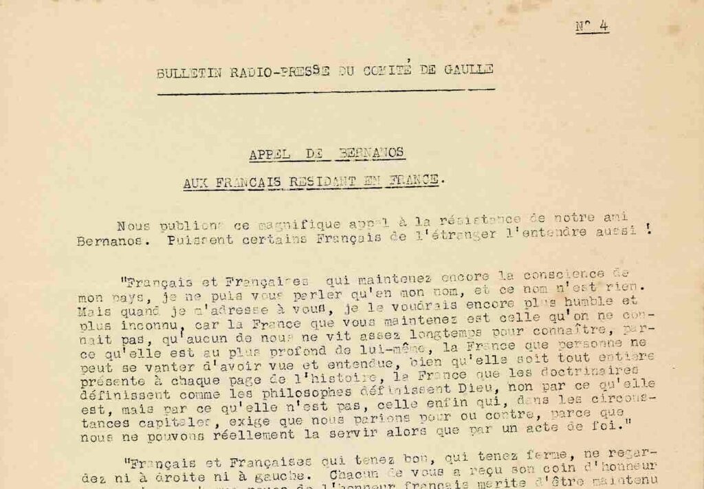 Bulletin radio-presse du Comité De Gaulle d'Argentine en 1941 reproduisant un appel de Bernanos aux «Français résidant en France»