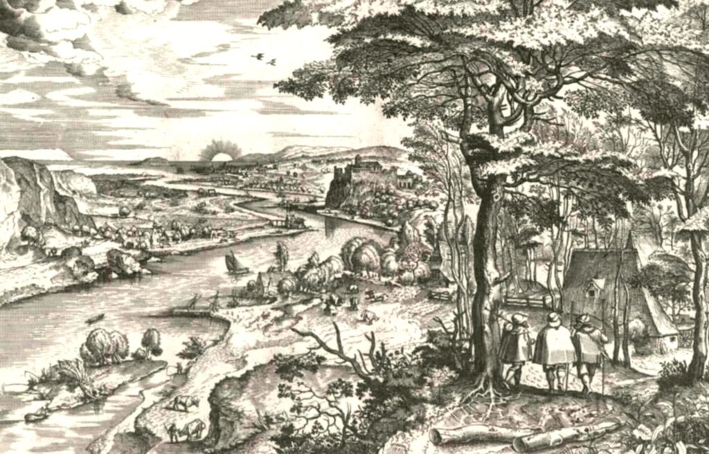 En allant à Emmaüs (gravure de Joannes van Doetecum d'après Pieter Brueghel l'ancien, Deventer, Pays-Bas, 1555-1556, Musée des Beaux-arts, Budapest).