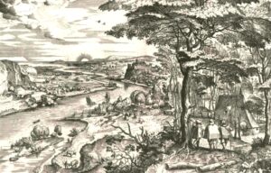 En allant à Emmaüs (gravure de Joannes van Doetecum d'après Pieter Brueghel l'ancien, Deventer, Pays-Bas, 1555-1556, Musée des Beaux-arts, Budapest).